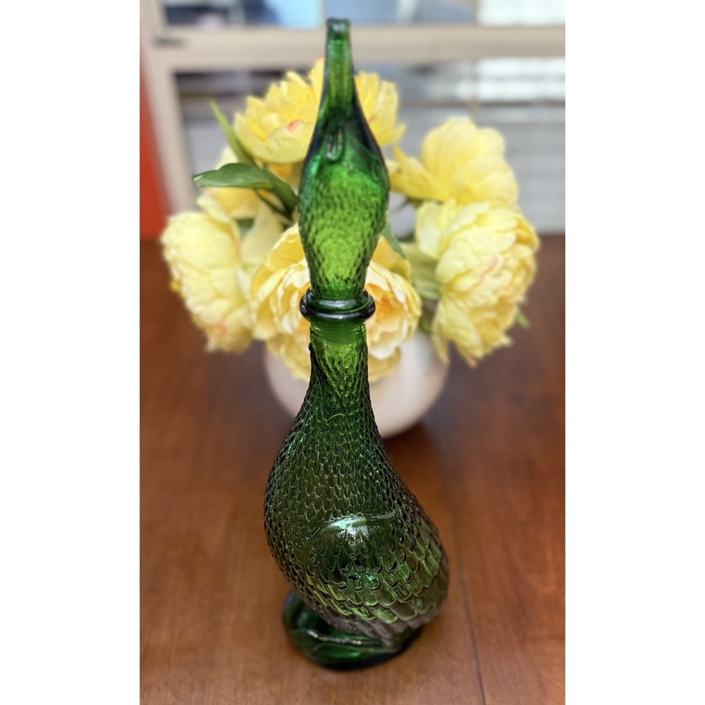 Vtg EMPOLI Italy Green Glass DUCK  GOOSE Decanter Embossed MCM Decanter 15.5"